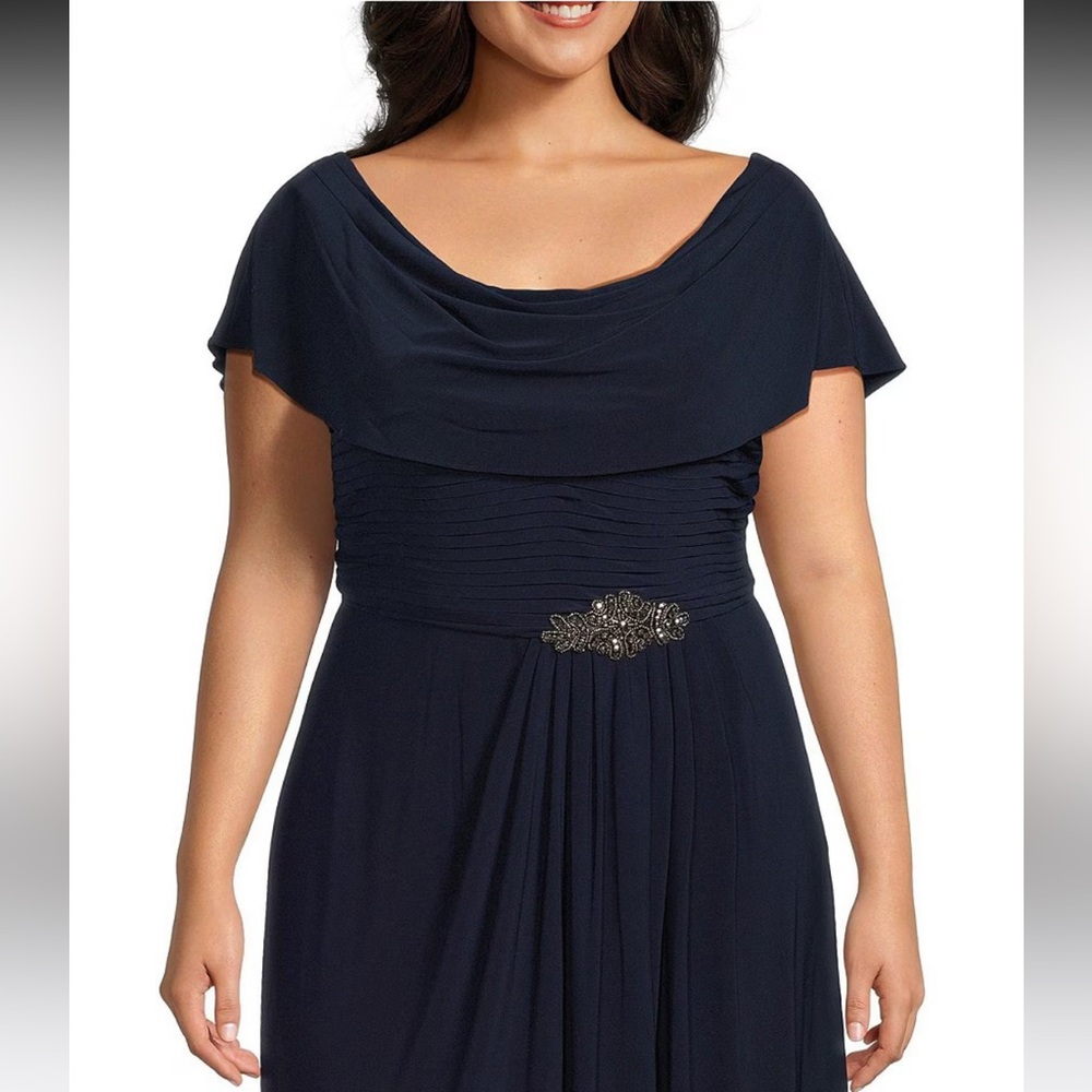 Alex Evenings 20W Long Navy Gown Cowl Cap Sleeves Maxi Slit Jersey Plus Size - Picture 3 of 8